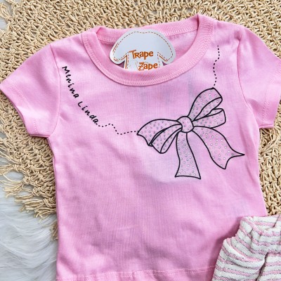 Conj. Blusa "Menina Linda" e Short Saia Listrado - Rosa